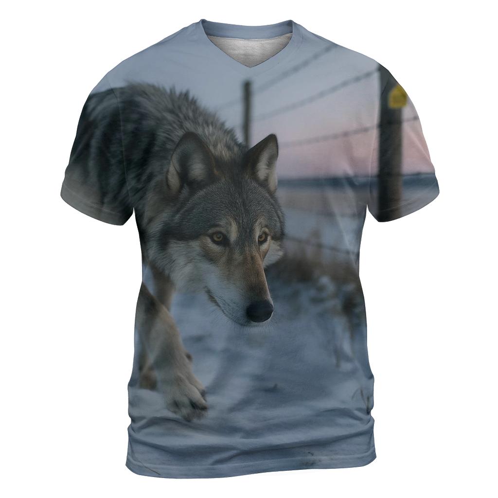 Wolf Under The Rewilding Fence Line vibrant all-over design tees