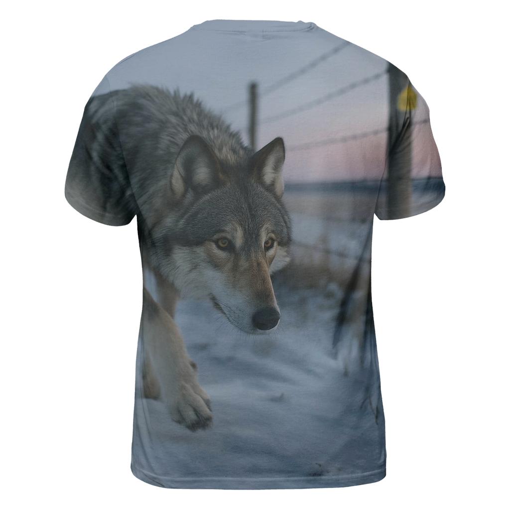 Wolf Under The Rewilding Fence Line vibrant all-over design tees