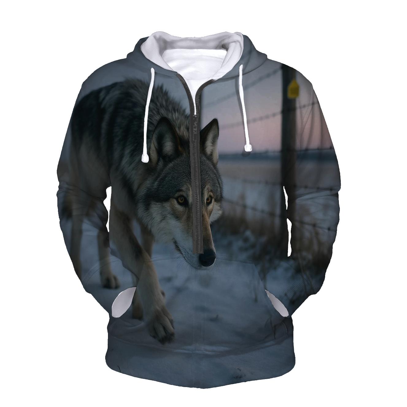 Wolf Under The Rewilding Fence Line zip-up hoodies