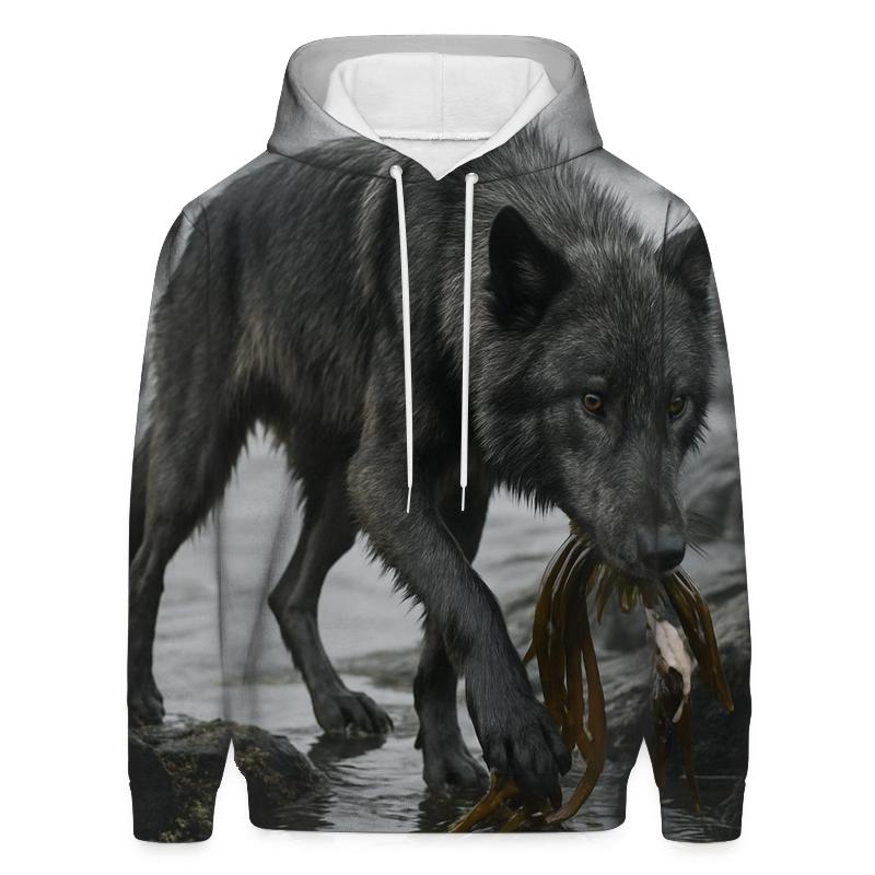 Wolf On The Volcanic Coast Kelp Foraging embroidered hoodies