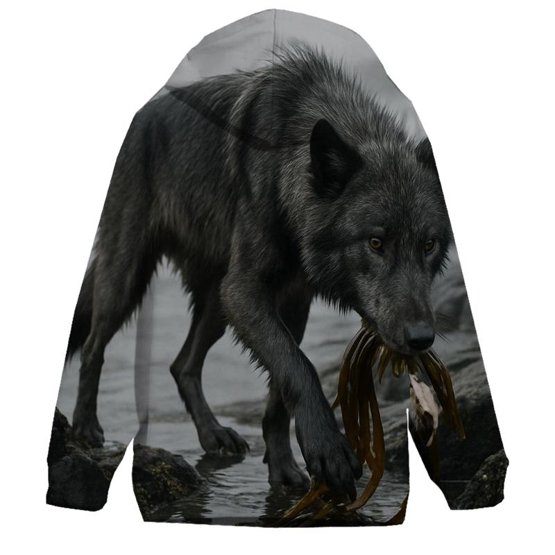 Wolf On The Volcanic Coast Kelp Foraging embroidered hoodies