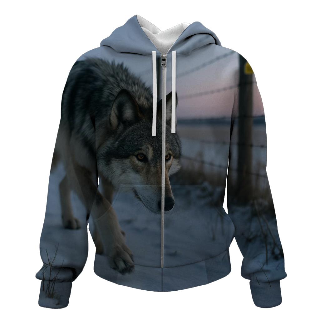 Wolf Under The Rewilding Fence Line graphic hoodies