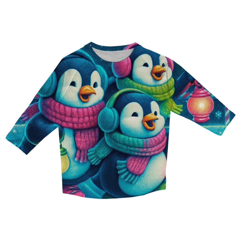 Neon Caroling Penguins On Skates printed three quarter sleeve shirts