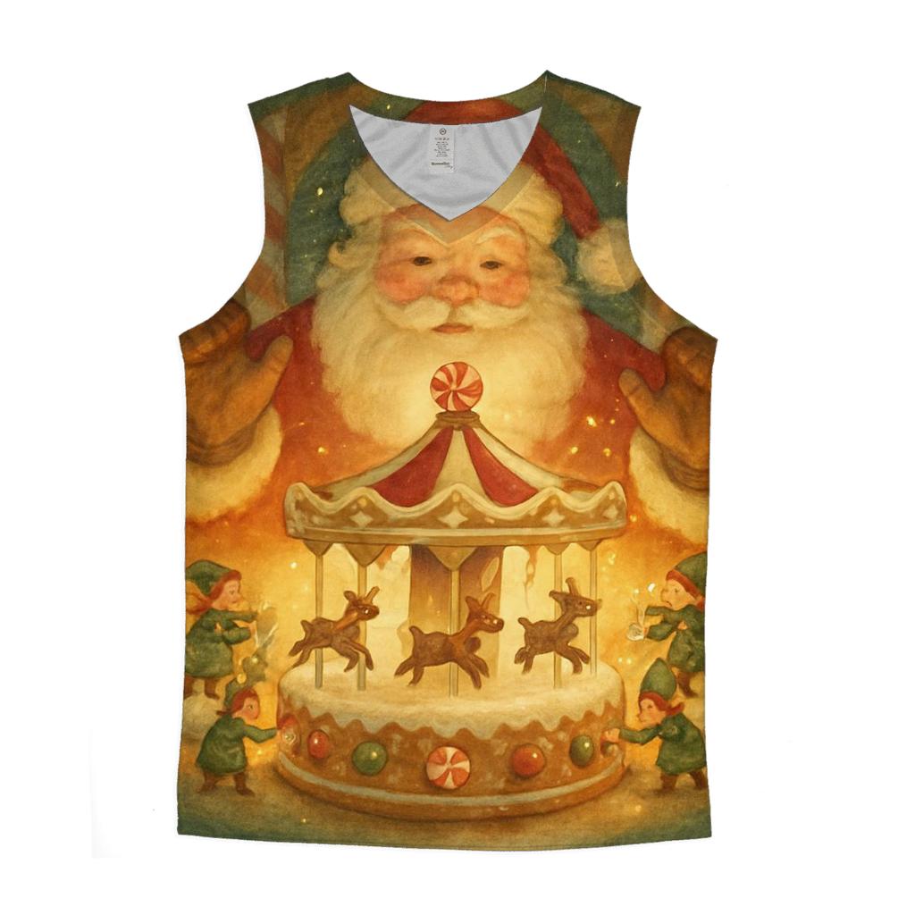 Gingerbread Workshop Carousel Santa trendy fitted tank tops
