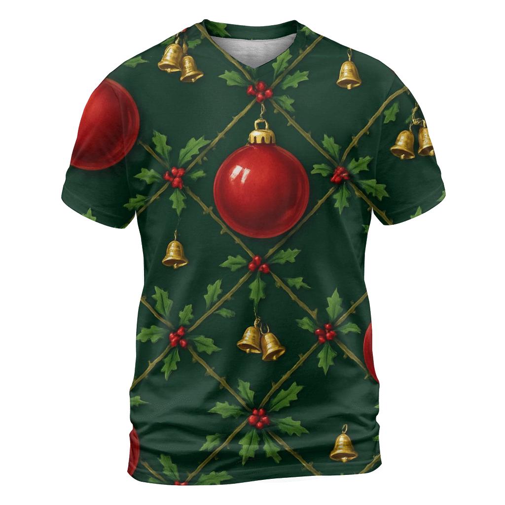 Crimson Ornament Lattice On Midnight Green Background artistic all-over print tops