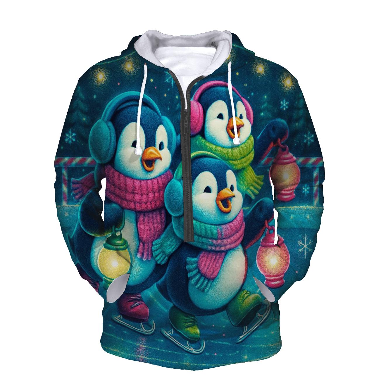Neon Caroling Penguins On Skates embroidered hoodies