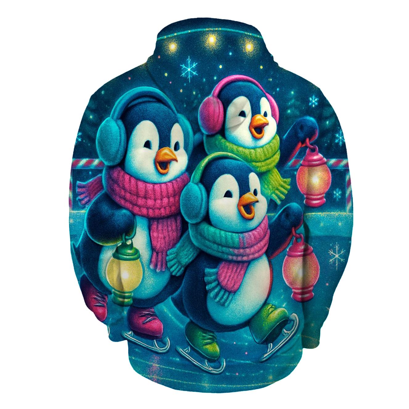 Neon Caroling Penguins On Skates embroidered hoodies
