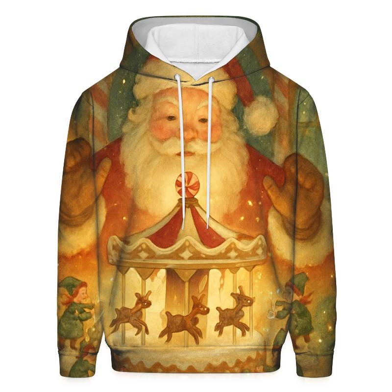 Gingerbread Workshop Carousel Santa graphic hoodies