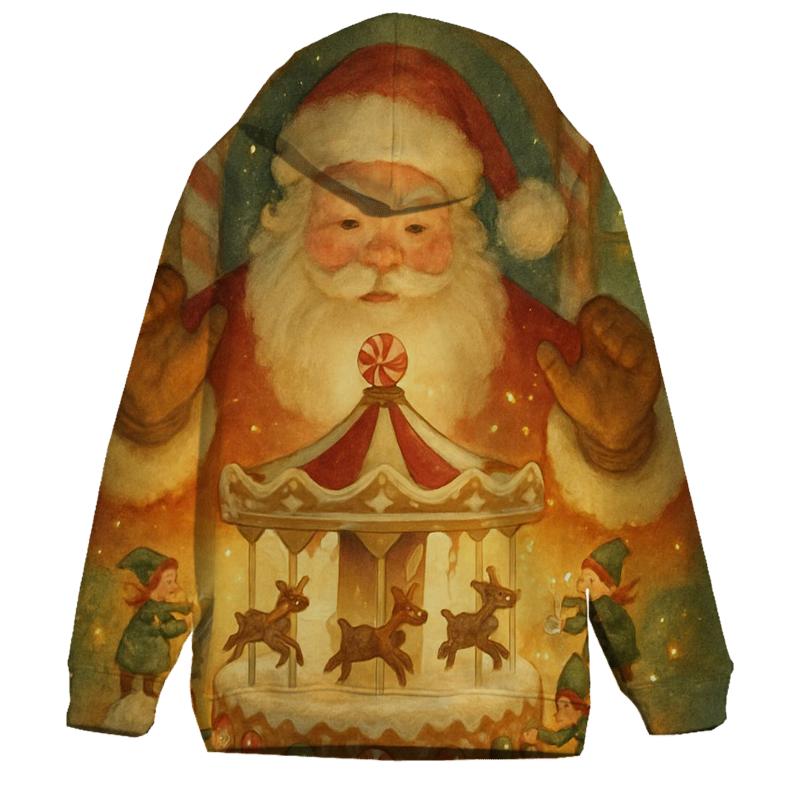 Gingerbread Workshop Carousel Santa graphic hoodies