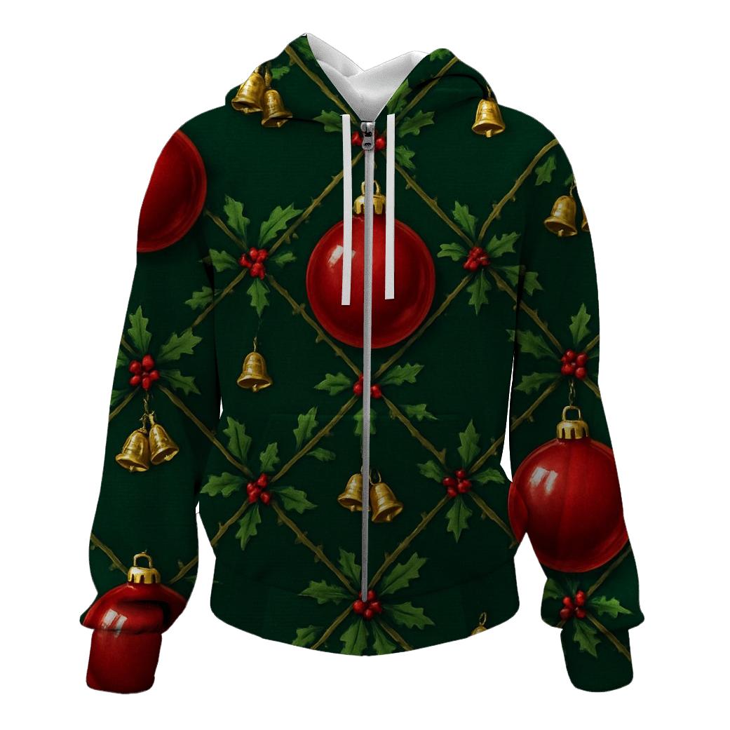 Crimson Ornament Lattice On Midnight Green Background zip-up hoodies