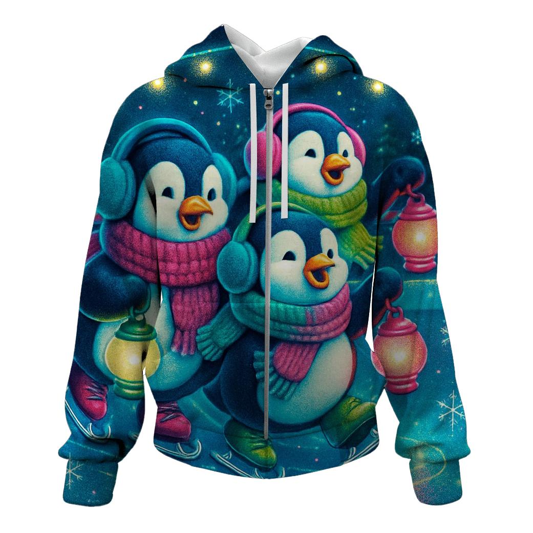 Neon Caroling Penguins On Skates zip-up hoodies