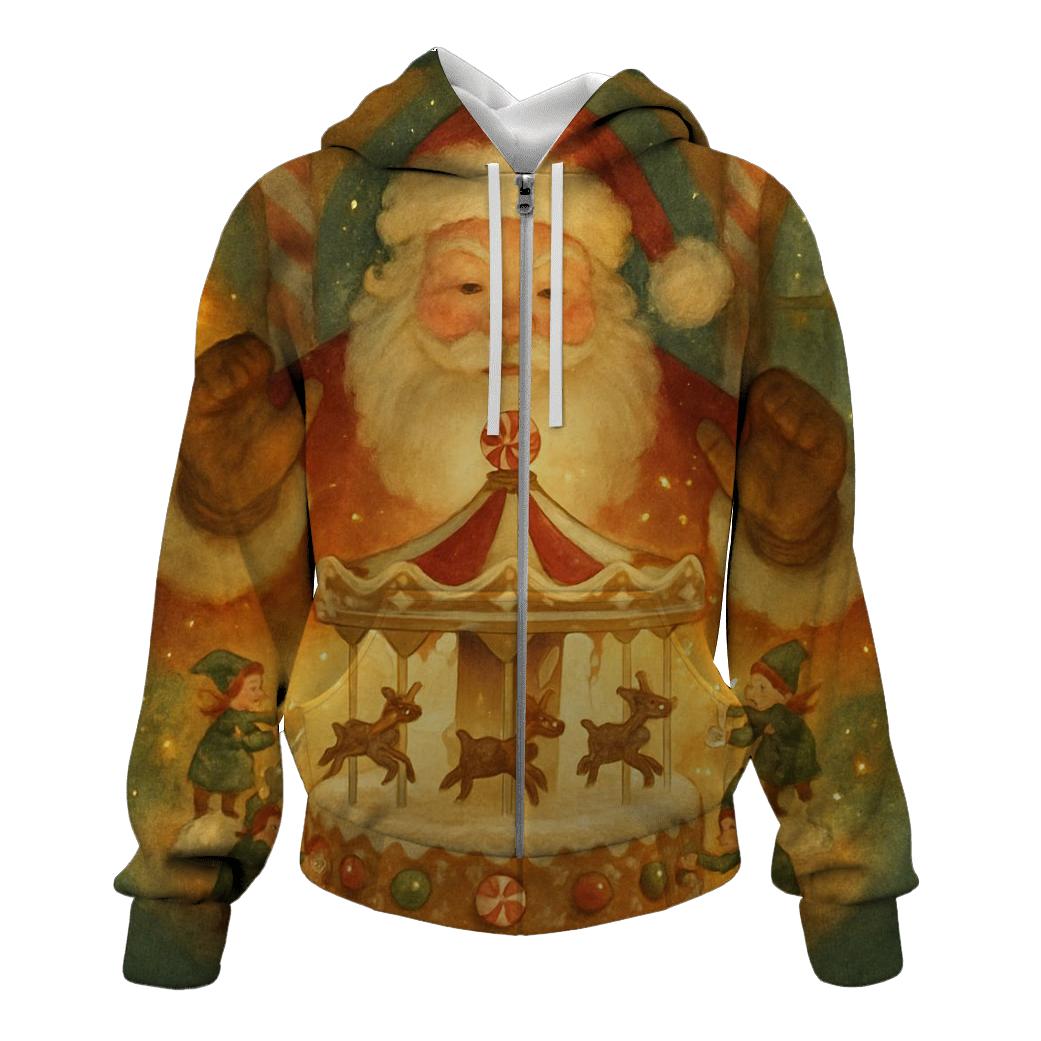 Gingerbread Workshop Carousel Santa graphic hoodies