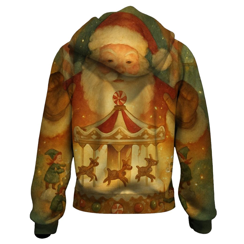 Gingerbread Workshop Carousel Santa graphic hoodies