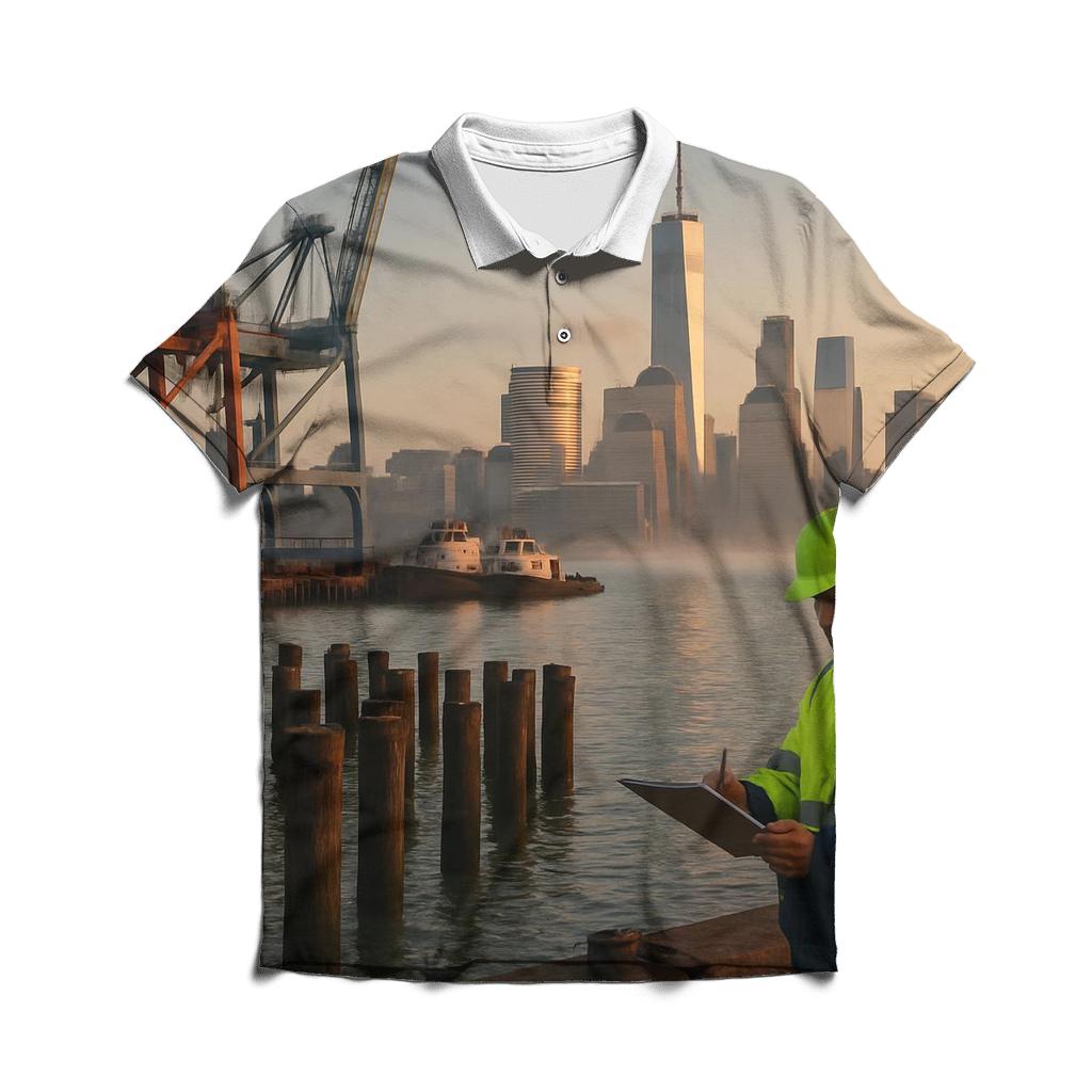 Red Hook Dawn With Working Waterfront And Lower Manhattan embroidered polo tops