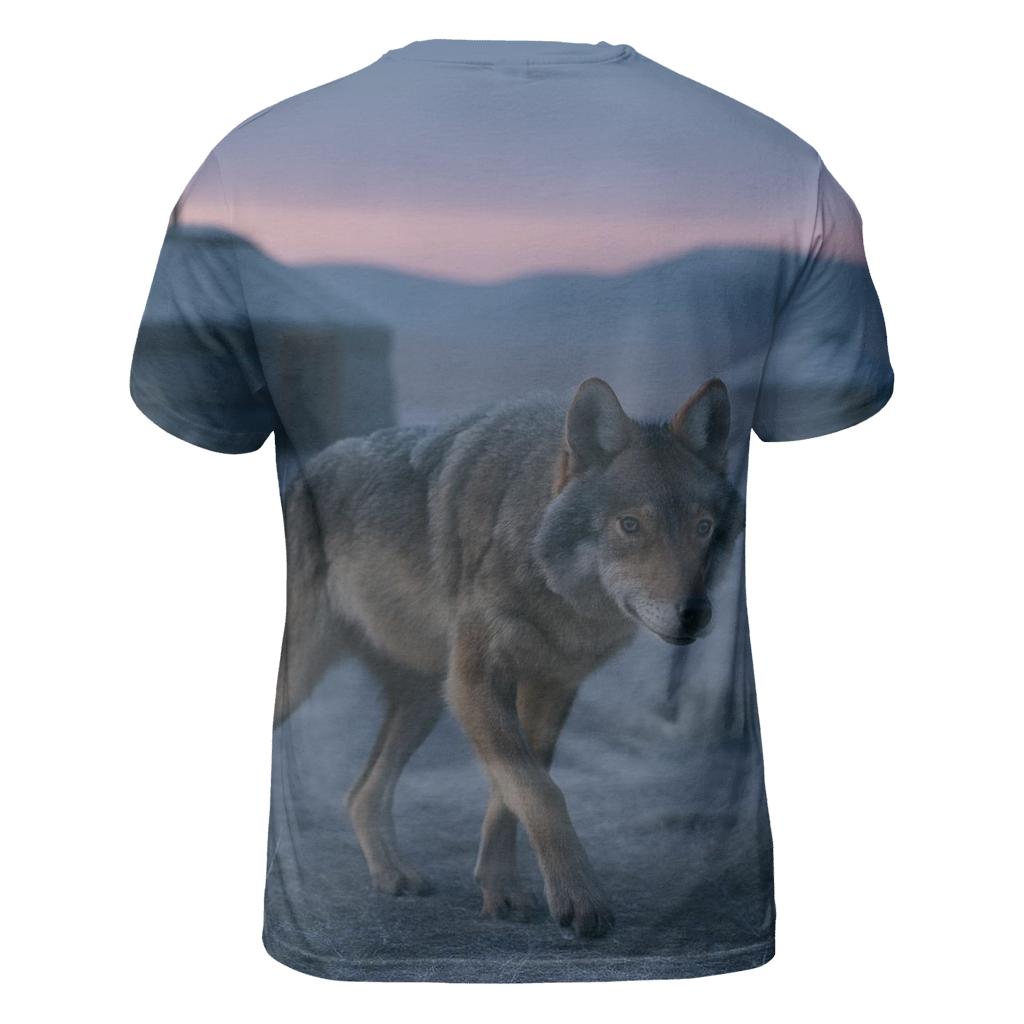 Steppe Wolf Crossing Eagle Festival Grounds At Dawn statement graphic shirts