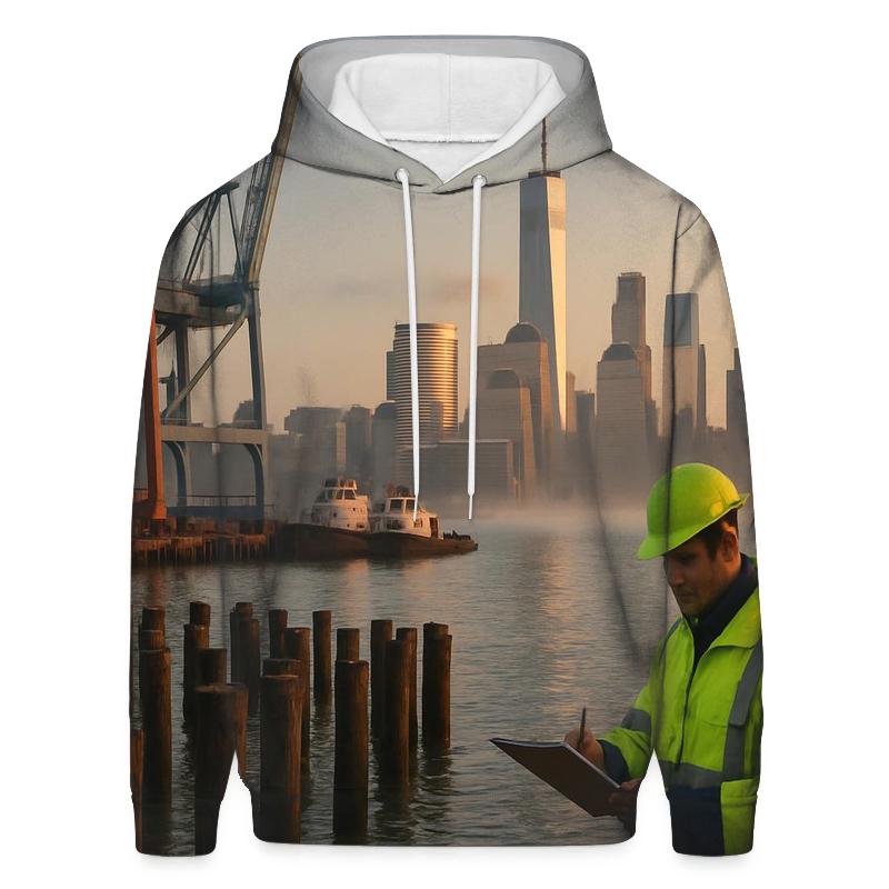 Red Hook Dawn With Working Waterfront And Lower Manhattan embroidered hoodies