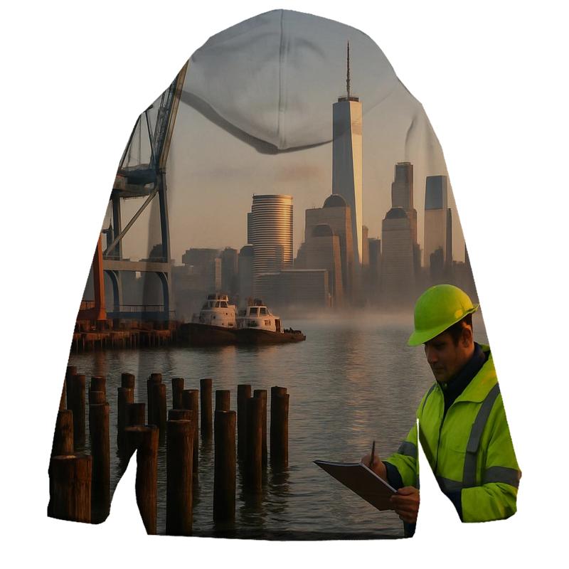 Red Hook Dawn With Working Waterfront And Lower Manhattan embroidered hoodies