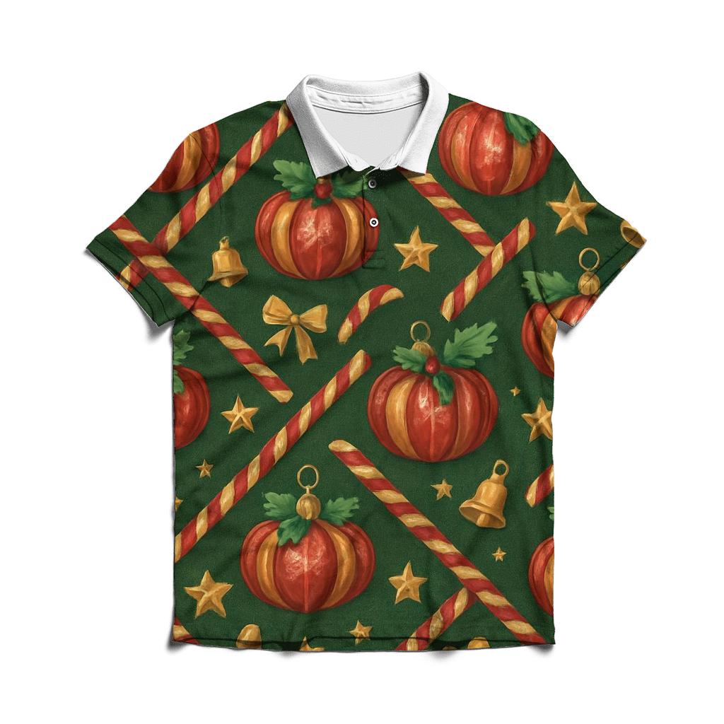 Crimson Pumpkin Ornament Lattice On Pine Green Background casual sports polo shirts