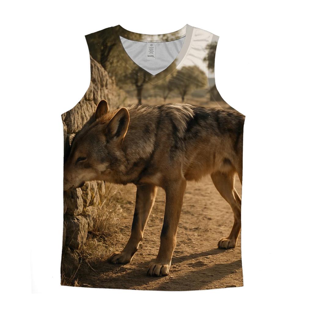 Mediterranean Wolf Among Ancient Pastoral Stone Walls sports performance tank tops