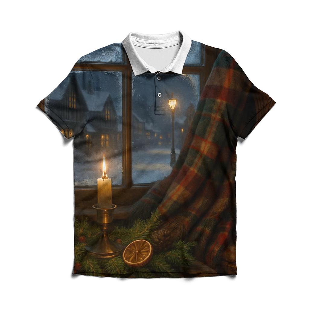 Candlelit Evergreen Window On A Snowy Night stylish collar polo tees