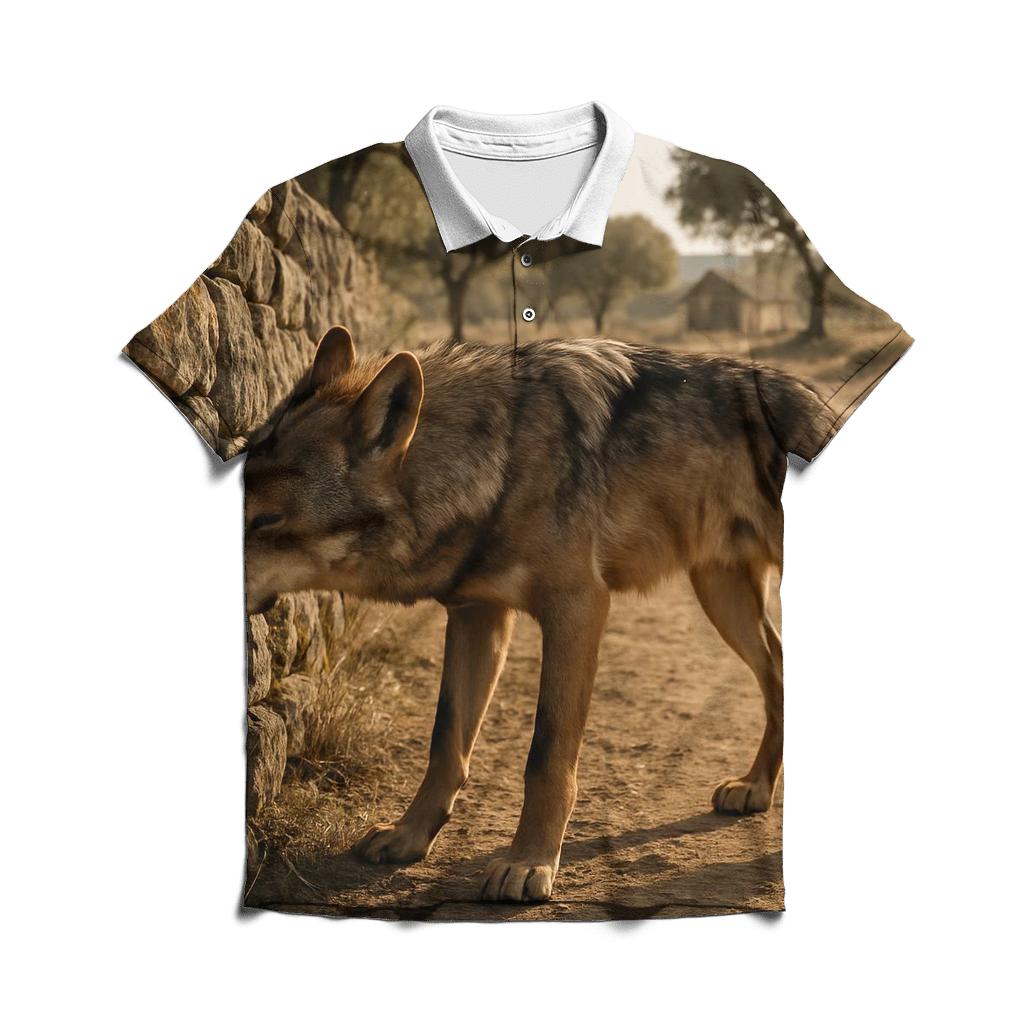 Mediterranean Wolf Among Ancient Pastoral Stone Walls designer slim fit polos