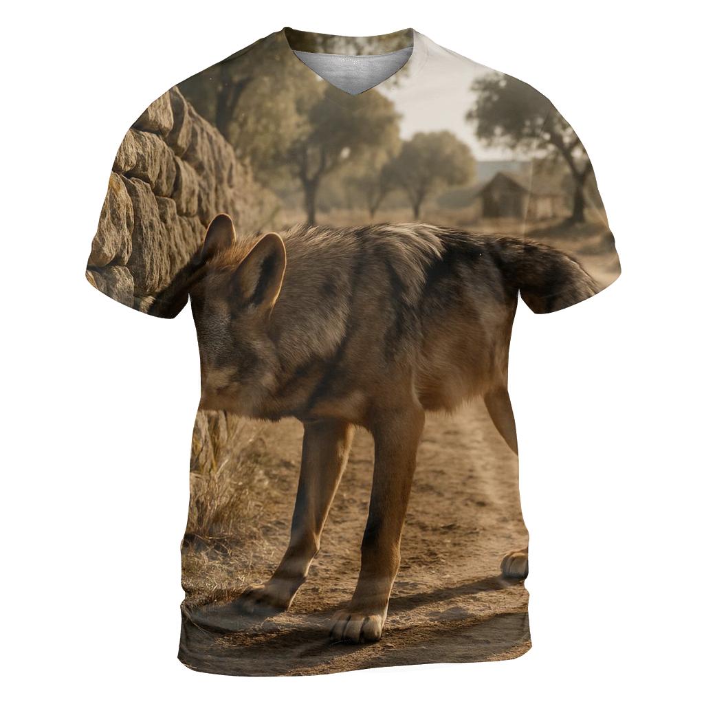 Mediterranean Wolf Among Ancient Pastoral Stone Walls vibrant all-over design tees