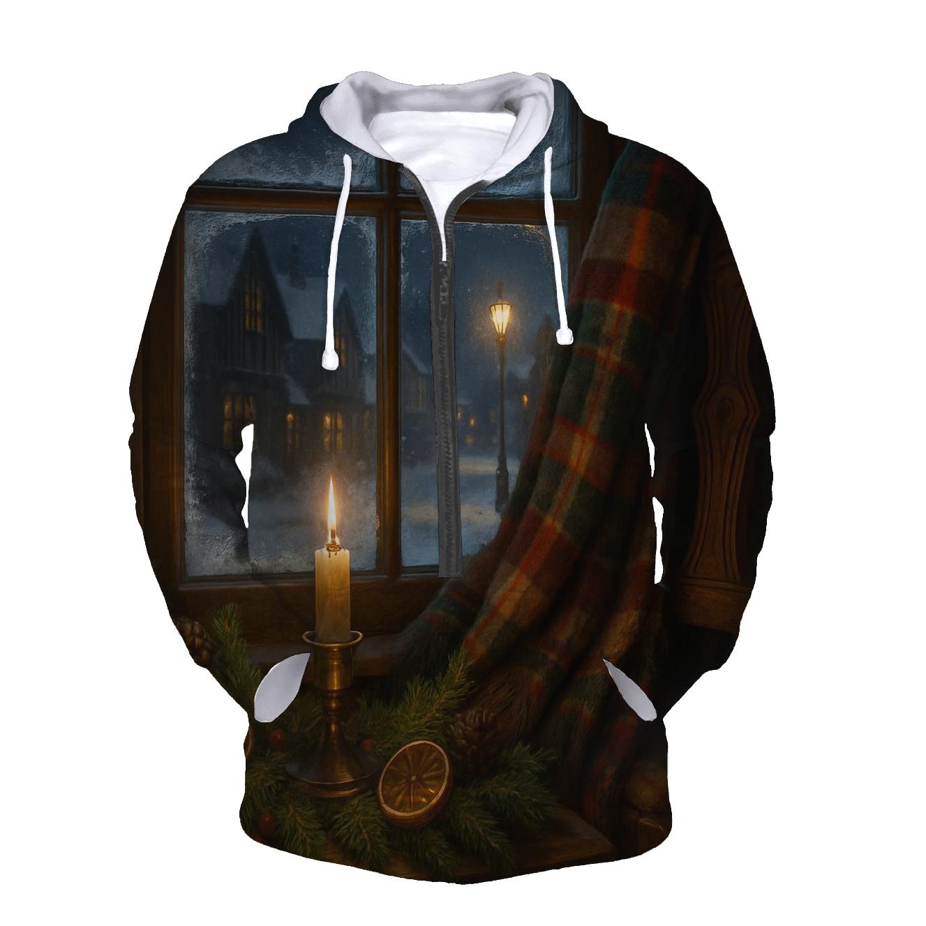 Candlelit Evergreen Window On A Snowy Night printed hoodies