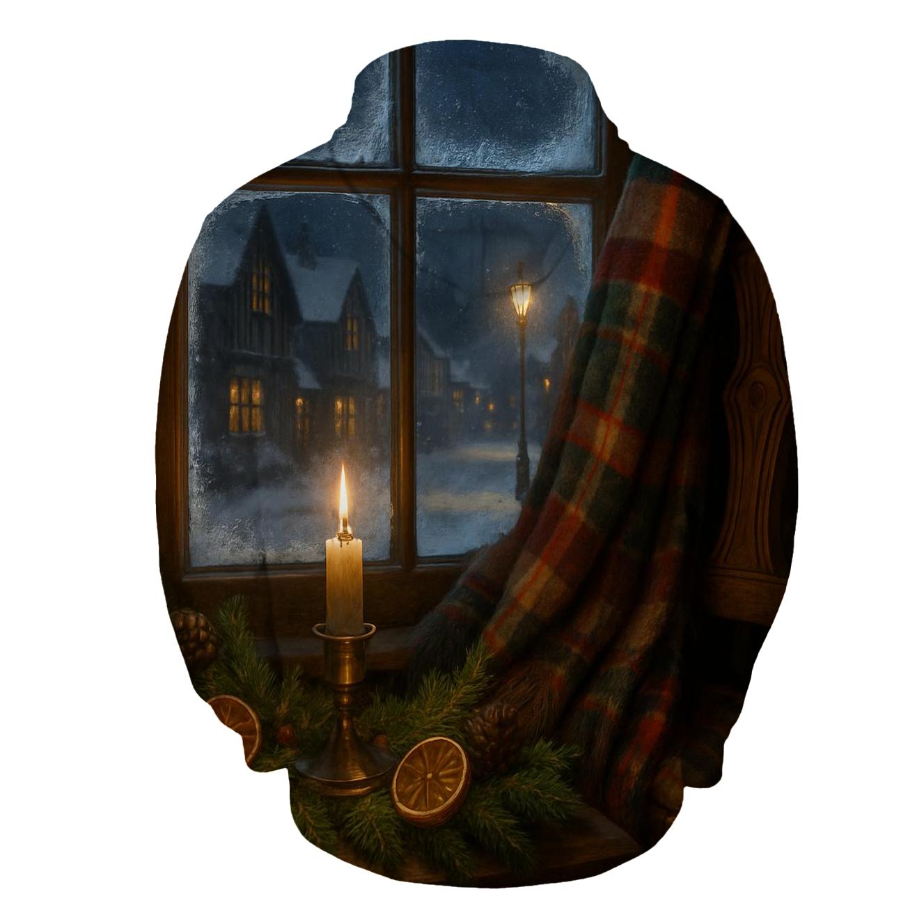 Candlelit Evergreen Window On A Snowy Night printed hoodies