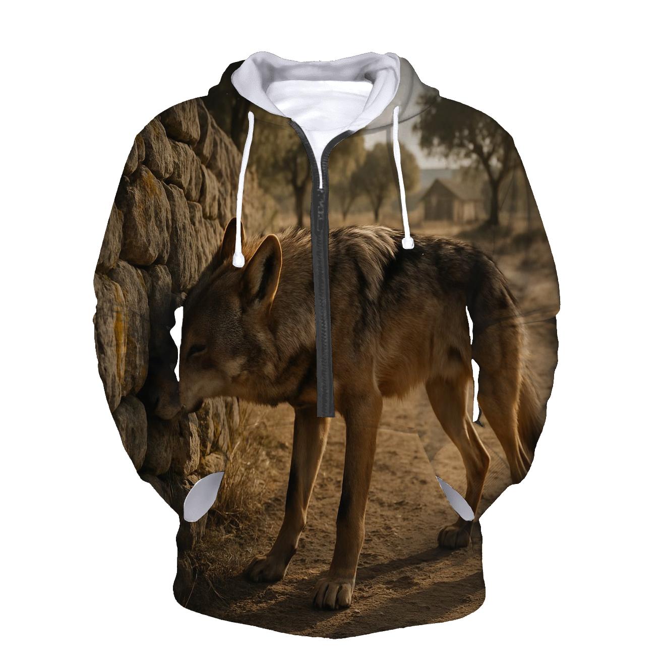 Mediterranean Wolf Among Ancient Pastoral Stone Walls premium hoodies