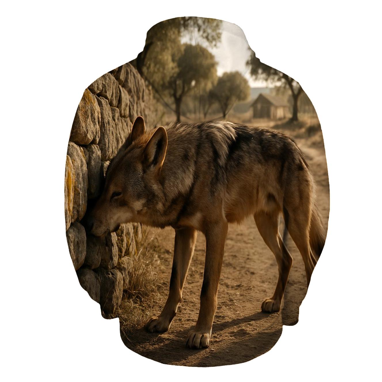 Mediterranean Wolf Among Ancient Pastoral Stone Walls premium hoodies
