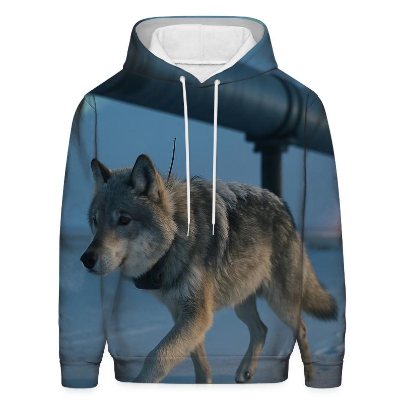 Radio Collared Wolf Crossing The Tundra Pipeline embroidered hoodies