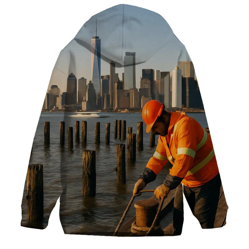 Red Hook Pier Panorama With Lower Manhattan Working Waterfront printed hoodies