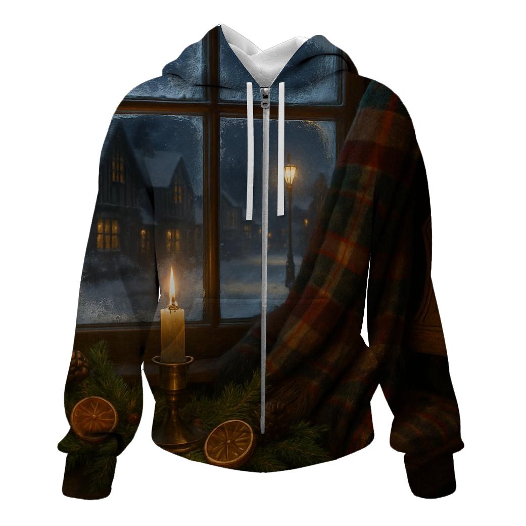 Candlelit Evergreen Window On A Snowy Night premium hoodies