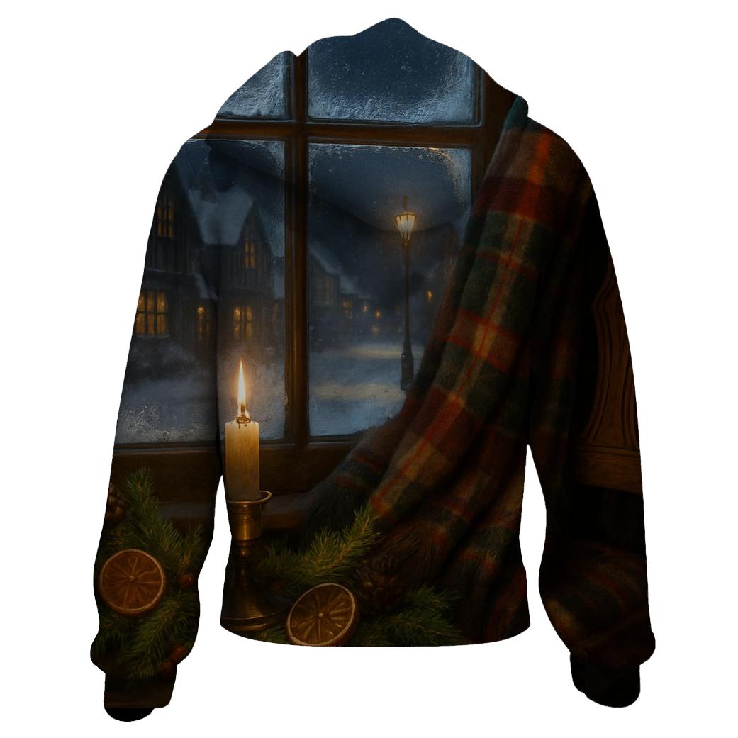 Candlelit Evergreen Window On A Snowy Night premium hoodies
