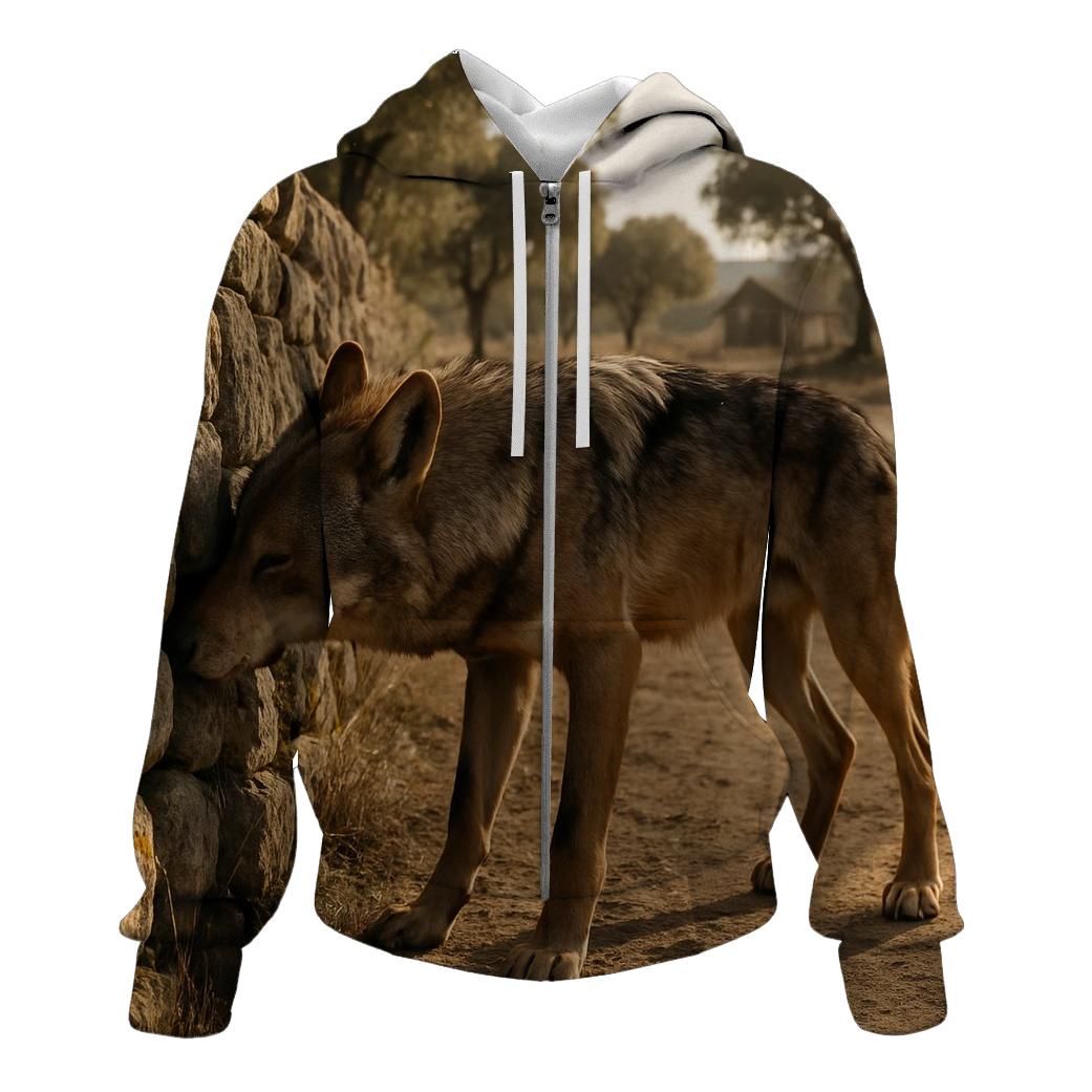 Mediterranean Wolf Among Ancient Pastoral Stone Walls heavyweight hoodies
