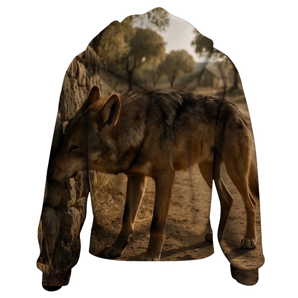 Mediterranean Wolf Among Ancient Pastoral Stone Walls heavyweight hoodies
