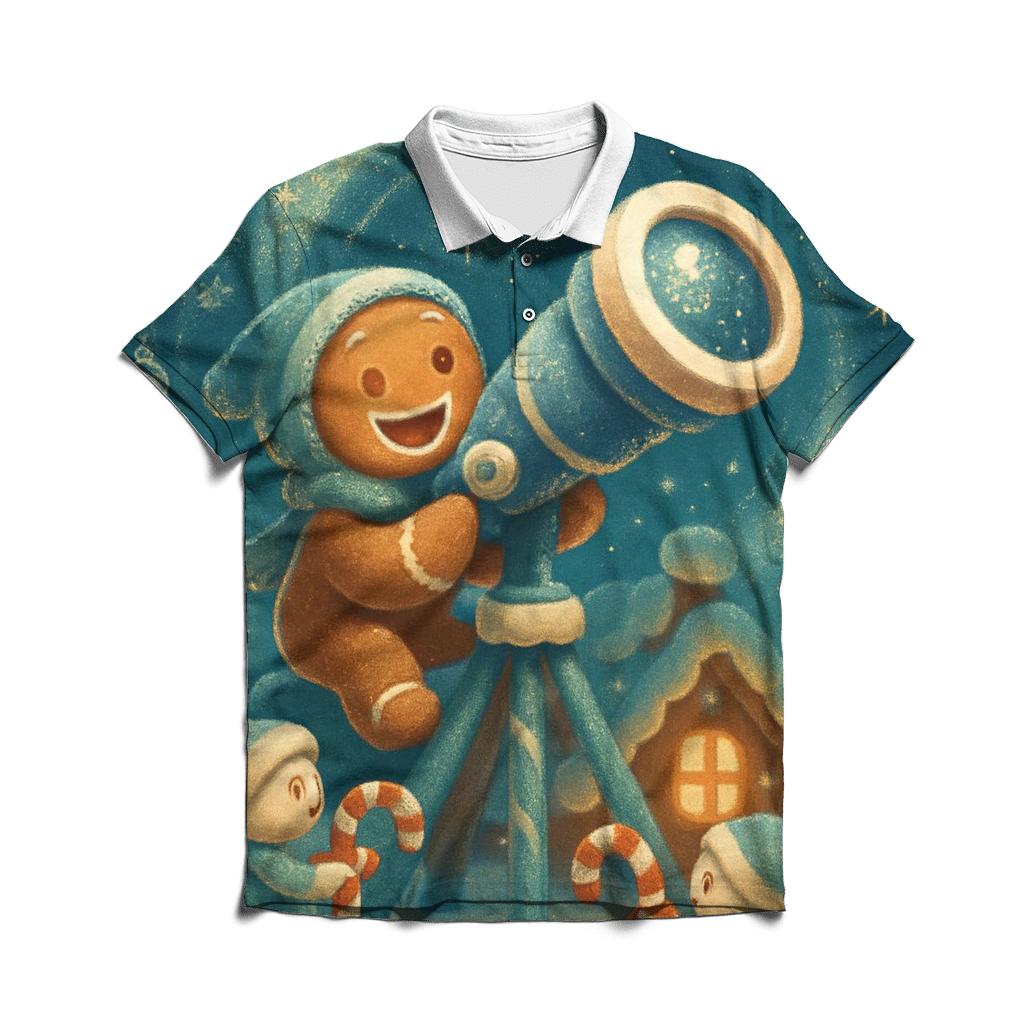Gingerbread Observatory Under The Aurora premium cotton polo shirts