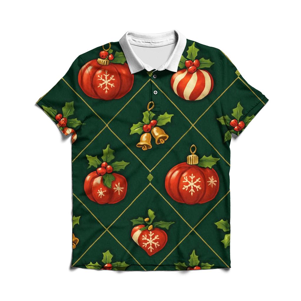 Crimson Pumpkin Ornaments Lattice On Evergreen Background embroidered polo tops