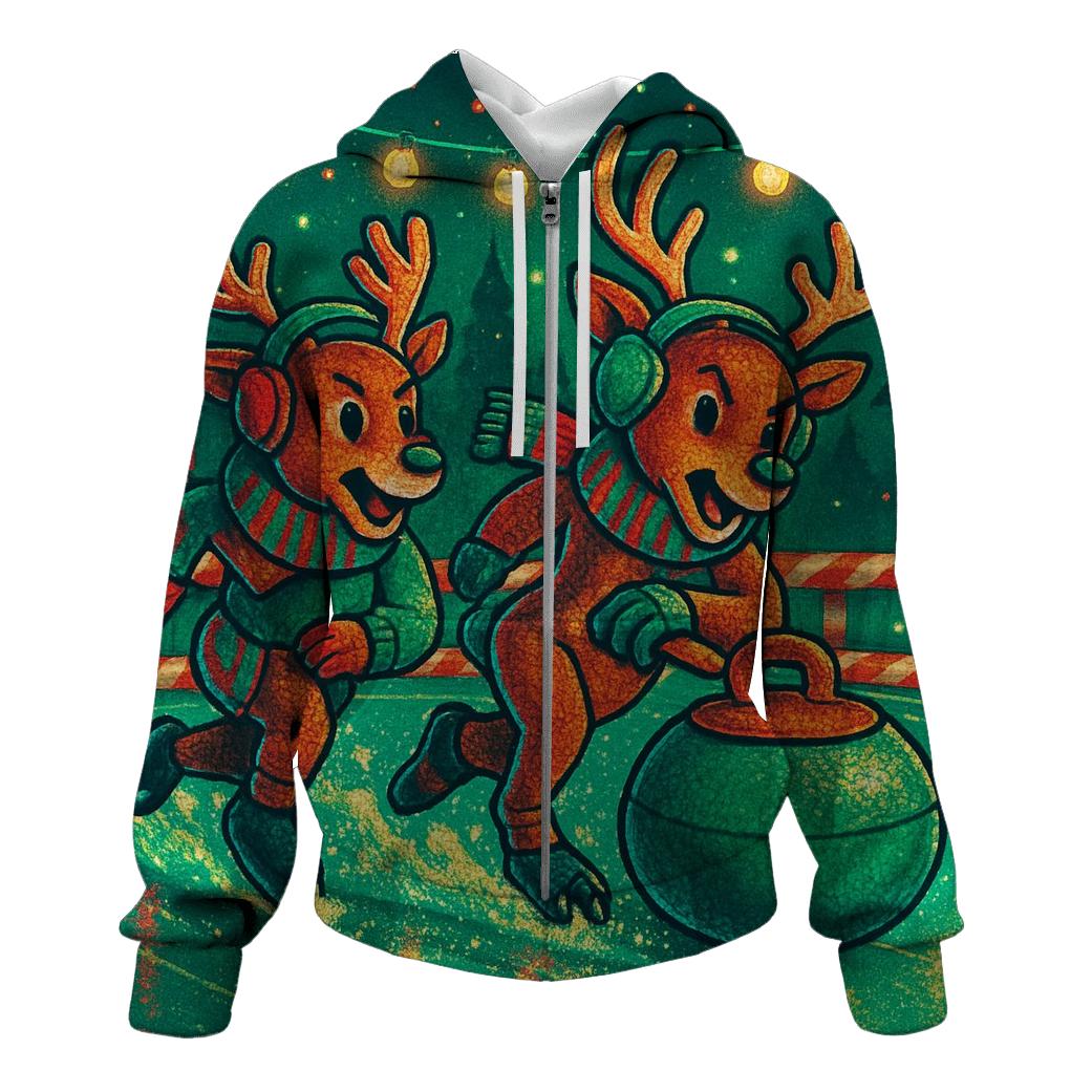 Reindeer Curling Championship On Peppermint Ice embroidered hoodies