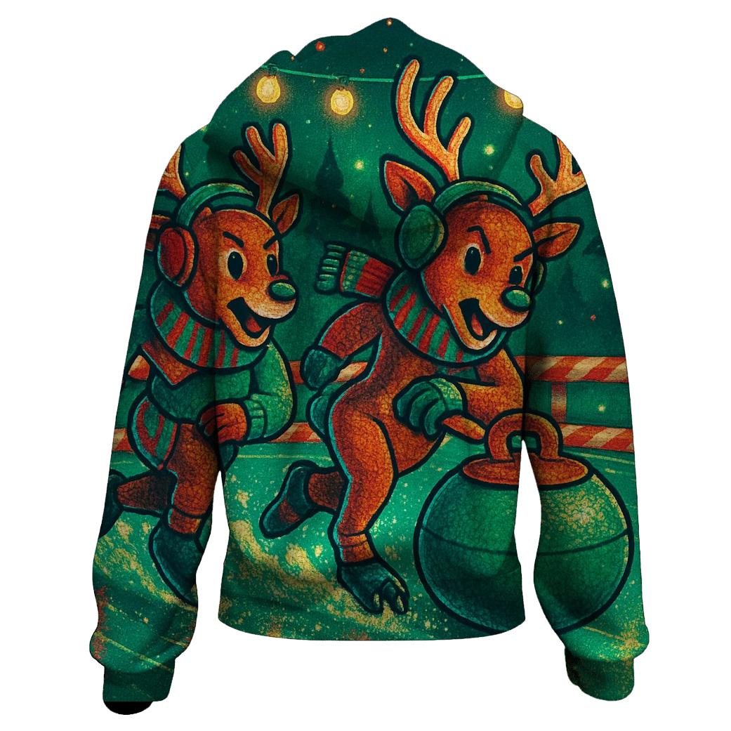 Reindeer Curling Championship On Peppermint Ice embroidered hoodies