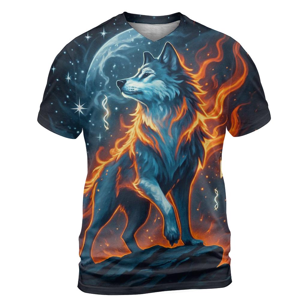Frostfire Sentinel Wolf vibrant all-over design tees