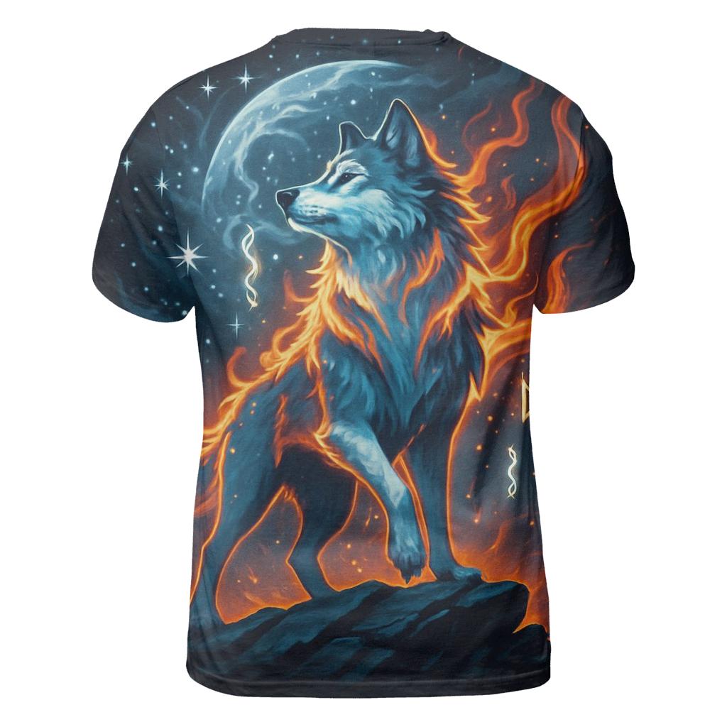 Frostfire Sentinel Wolf vibrant all-over design tees