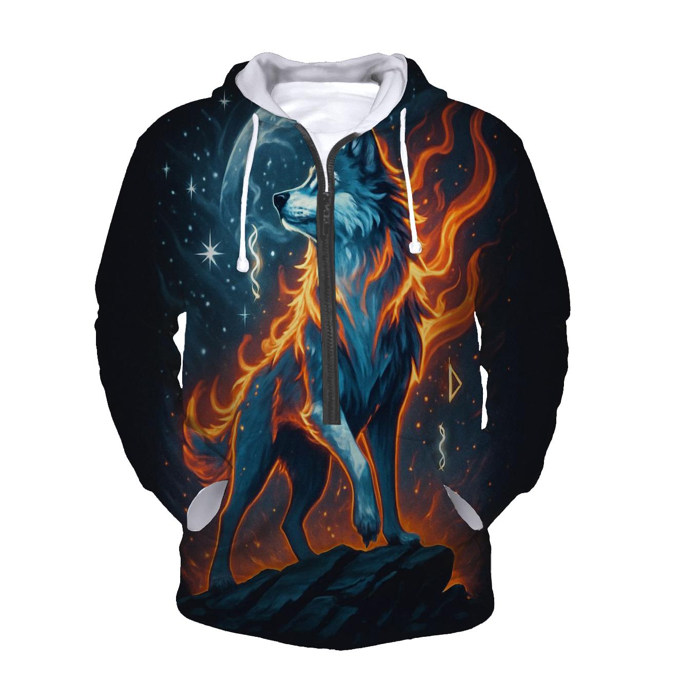 Frostfire Sentinel Wolf hoodie designs