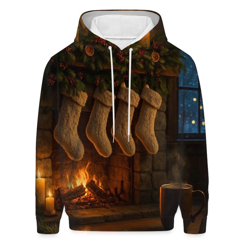 Candlelit Hearth And Evergreen Stockings heavyweight hoodies