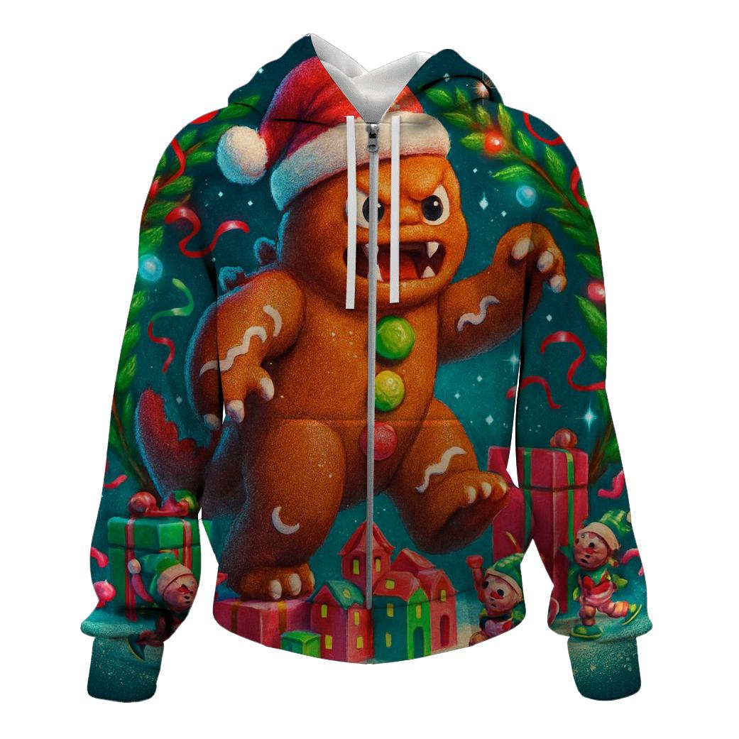 Gingerbread Kaiju Gift Wrap Rumble embroidered hoodies