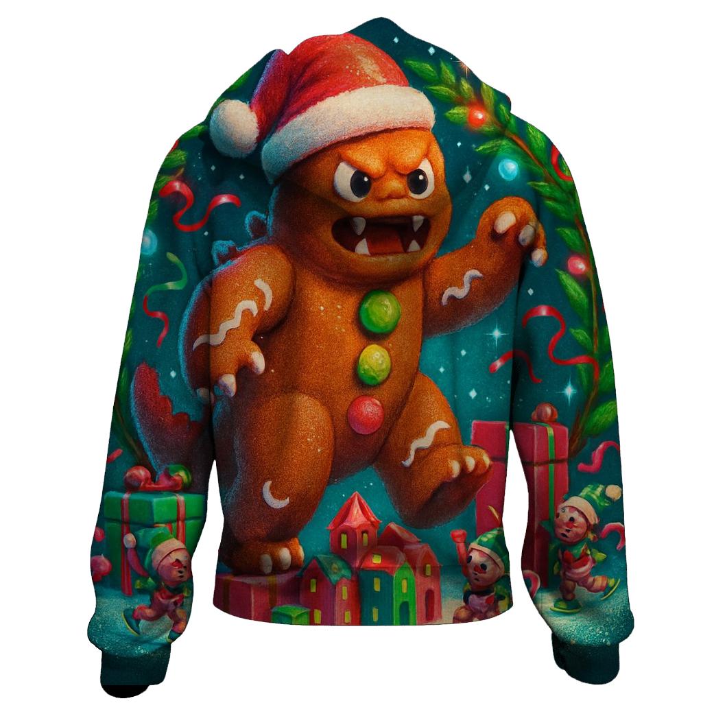 Gingerbread Kaiju Gift Wrap Rumble embroidered hoodies