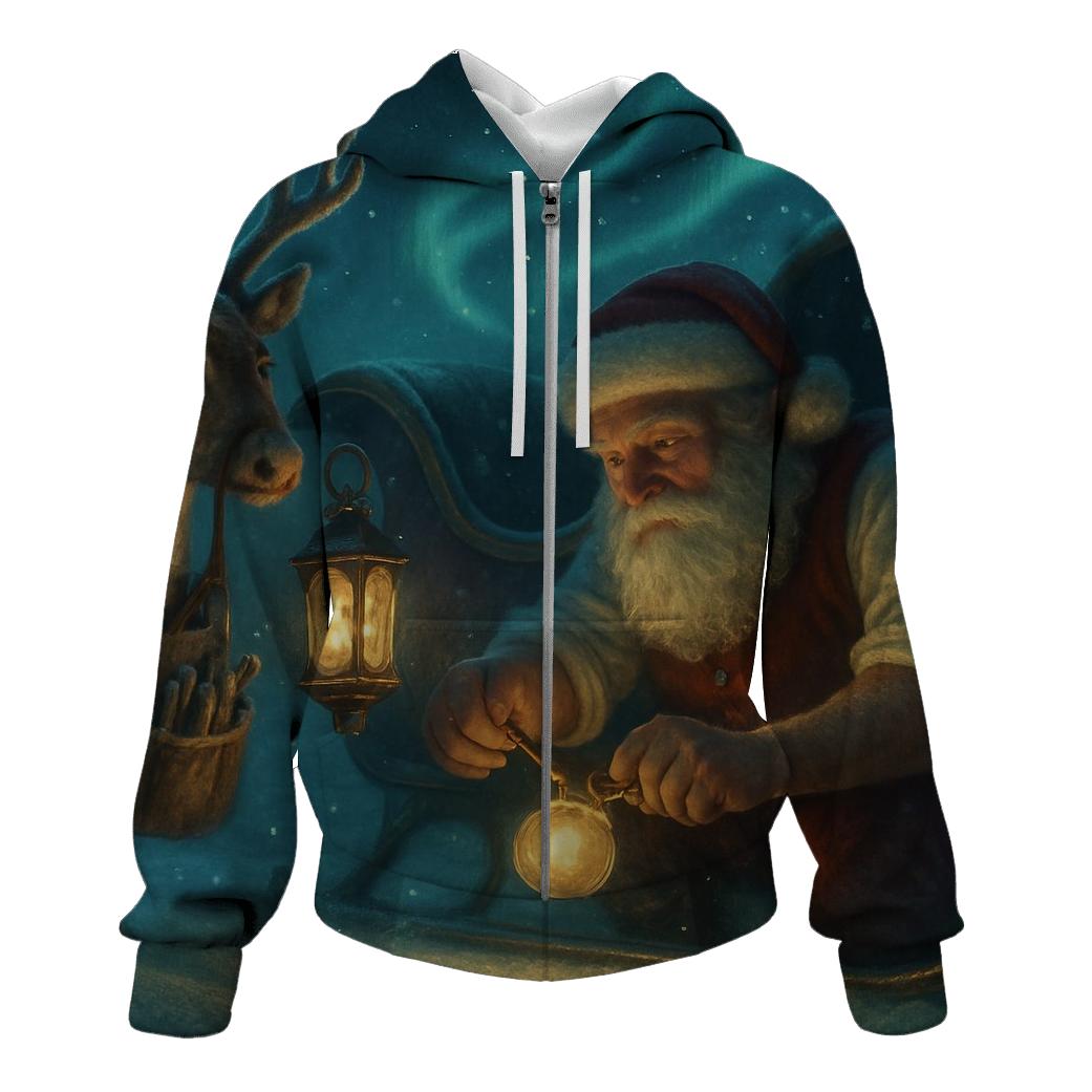Midnight Sleigh Repair Under Aurora Pines printed hoodies