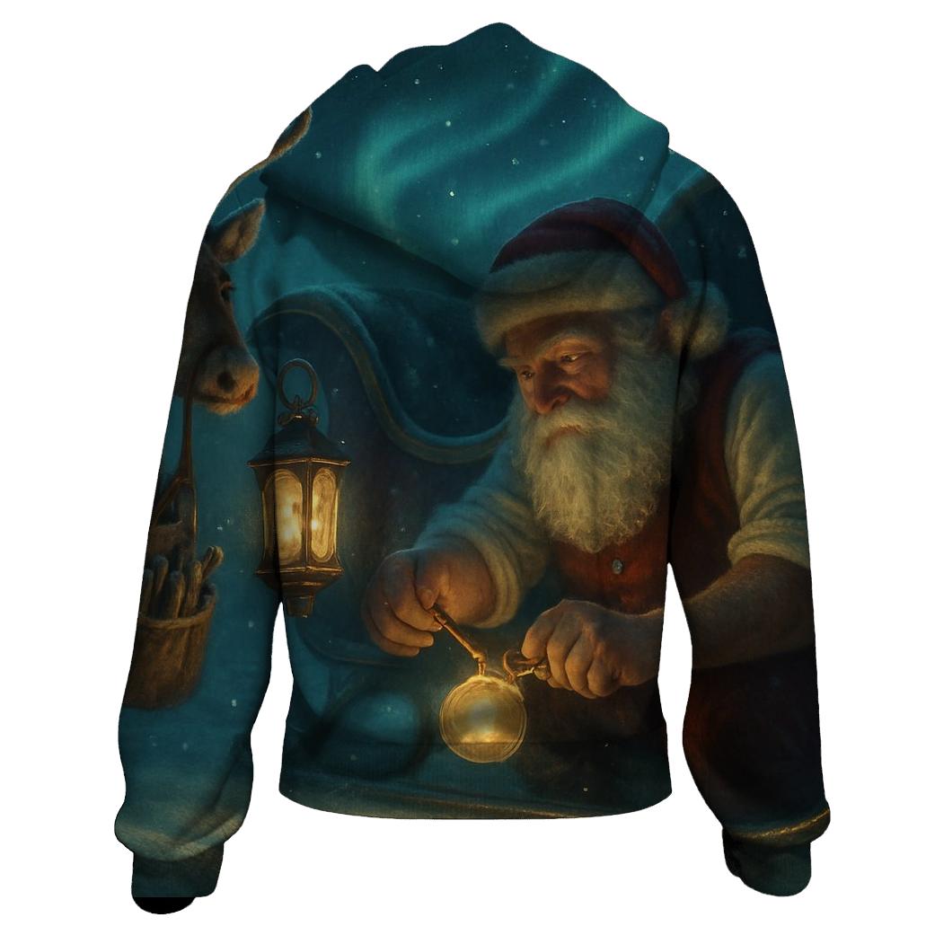 Midnight Sleigh Repair Under Aurora Pines printed hoodies