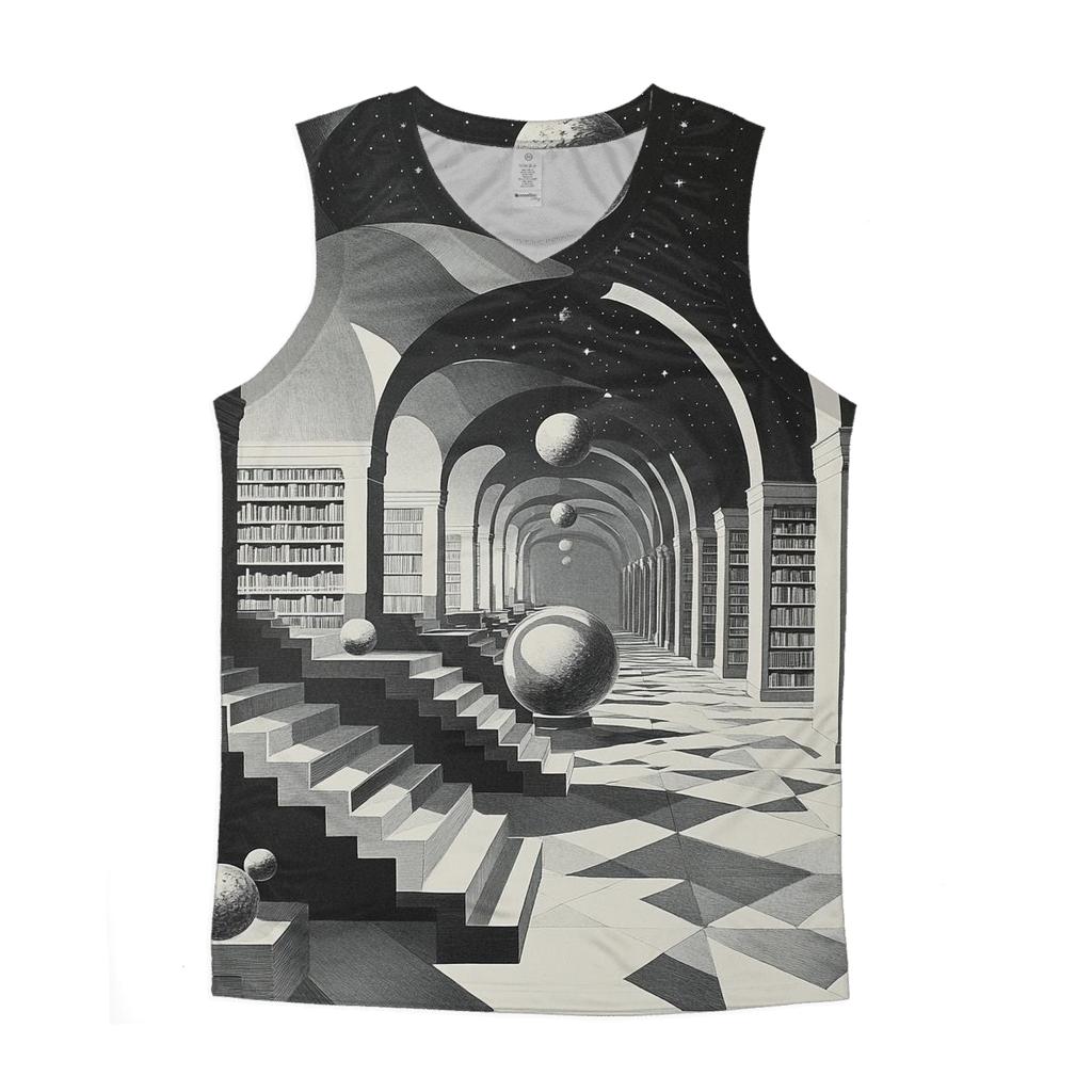 M C Escher Inspired Library Of Impossible Planets sports performance tank tops