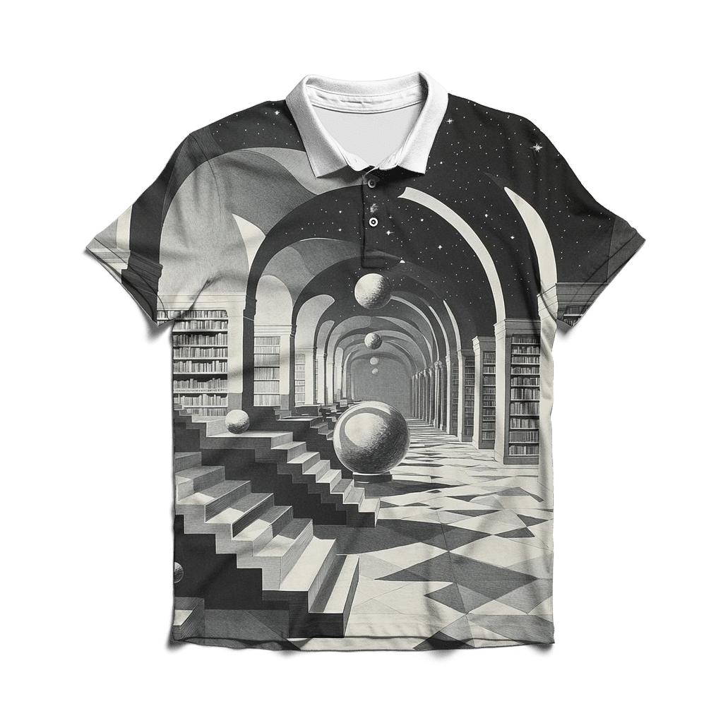 M C Escher Inspired Library Of Impossible Planets embroidered polo tops
